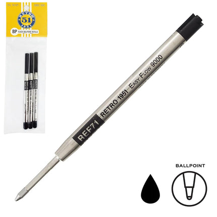 RETRO 51 Easy Flow 9000 Ballpoint Refill 3 Pack Black