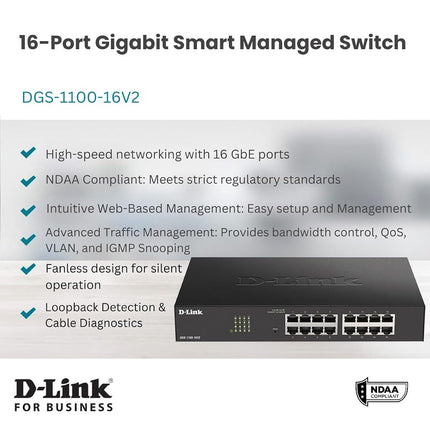 D-Link DGS-1100-16V2 - 16-Port Gigabit Smart Managed Switch with VLAN support, layer 2 features, QoS, 802.3az EEE, Fanless , Black