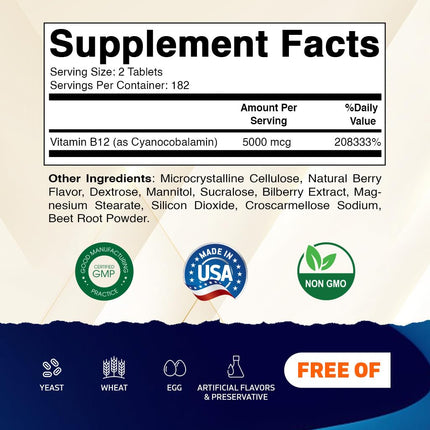 Vitamatic Vitamin B12 5000 mcg per Serving Fast Dissolve 365 Tablets - Berry Flavor - Supports Energy Metabolism