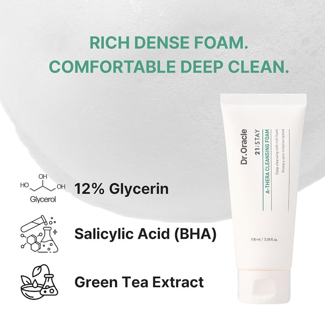 DR.ORACLE A-Thera Cleansing Foam Face Wash Facial Cleanser for Sensitive Skin - Korean Beauty, (3.38fl.oz) Dermatologist Tested, 21 STAY