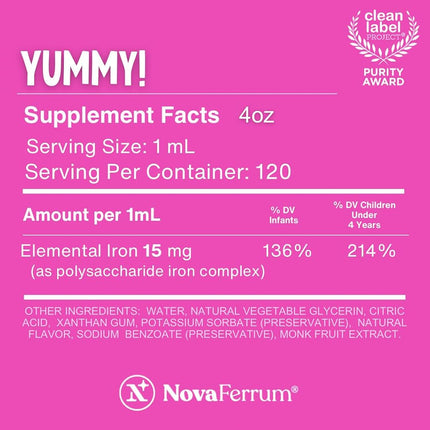 NovaFerrum Yummy | Pediatric Drops Liquid Iron Supplement for Infants and Toddlers | Liquid Iron For Kids | 15mg of Iron Per 1mL Dose | Ages 4 & Under | Gluten Free Certified | Sugar Free | Raspberry Grape | 4 Fl Oz (120 mL)