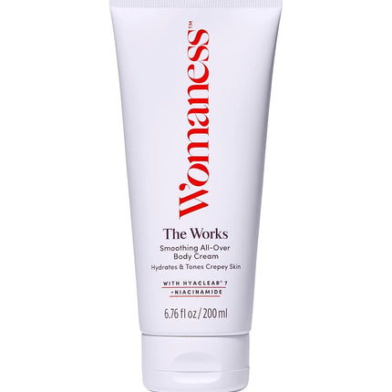 Womaness The Works Crema Corporal Alisadora Todo en Uno - Cuidado de la Piel para la Menopausia, Loción Corporal Hidratante y Tratamiento Tonificante para Piel Crepé - Crema Reafirmante con Niacinamida y Ácido Hialurónico (200ml)