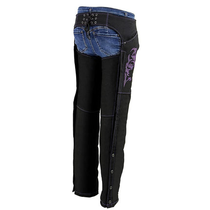 Milwaukee Leather SH1182 Chaparreras de Moto de Piel Negra y Textil Morado con Bordado Tribal para Mujer - Talla XS