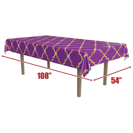 Beistle Lattice Tablecovers, 54” x 108”– Plastic Table Cloth, Moroccan Decorations for Party, Moroccan Tablecloth, Arabian Nights Theme Party, Rectangular Table Cloth Purple/Gold, 3 Pieces