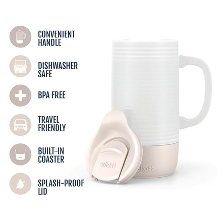 Ello Jane Mug de voyage en céramique de 530 ml avec poignée, couvercle coulissant anti-éclaboussures et sous-verre intégré, parfait pour le café et le thé, sans BPA, passe au lave-vaisselle, cadeau pour lui, elle, fête des mères, anniversaire, Sandbar