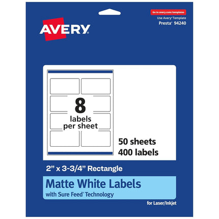 Avery Matte White Rectangle Labels with Sure Feed, 2" x 3.75", 400 Matte White Printable Labels