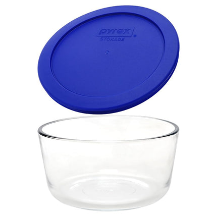 Pyrex Storage 4 Cup Round Dish, Clear with Blue Lid, Pack of 4 Containers