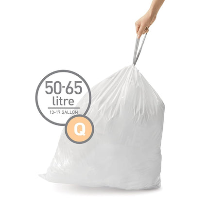 simplehuman Code Q 100 Liners, 50% Recycled Custom Fit Bin Bags in Dispenser Packs, Durable Drawstring Tie Handle, 50-65L, White
