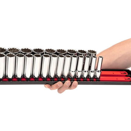 TEKTON 1/2 Inch Drive Deep 12-Point Socket Set with Rails and Tray, 23-Piece (10-32 mm) | SHD92121