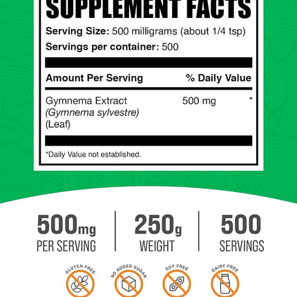 BulkSupplements.com Gymnema Extract Powder - from Gymnema Leaf, Gymnema Sylvestre Extract - Gymnema Powder, Herbal, Gluten Free - 500mg per Serving, 250g (8.8 oz) (Pack of 1)
