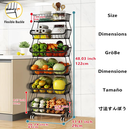 CarolynDesign 6 Tiers Rolling Kitchen Cart, Black Iron Wire Storage Bins with Wheels and Feet, Stackable Vegetable Storage Baskets
