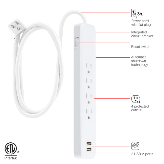 GE 4-Outlet Surge Protector, 2 USB Ports, 3 Ft Power Cord, 560 Joules, Flat Plug, Automatic Shutdown Technology, Circuit Breaker, Warranty, UL Listed, Black, 37212