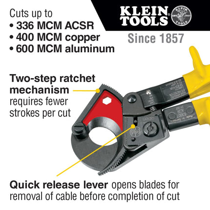 Cable Cutters, Ratcheting Wire Cable Cutter Tool Cuts Copper, Aluminum, and ACSR KLEIN TOOLS 63607