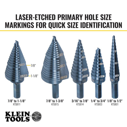 Klein Tools KTSB11 Broca escalonada 11 doble ranura de 7/8 a 1-1/8 pulgadas con marcas y objetivos fáciles de leer, vástago hexagonal de 3/8 pulgadas, negra