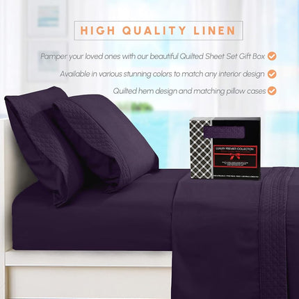 Elegant Comfort Luxurious 4-Piece Quilted Bed Sheet Set - Gift Box - 1500 Thread Count Egyptian Quality Softness - Wrinkle Resistant - All Around Elastic Fitted Sheet, Deep Pocket, King, Purple