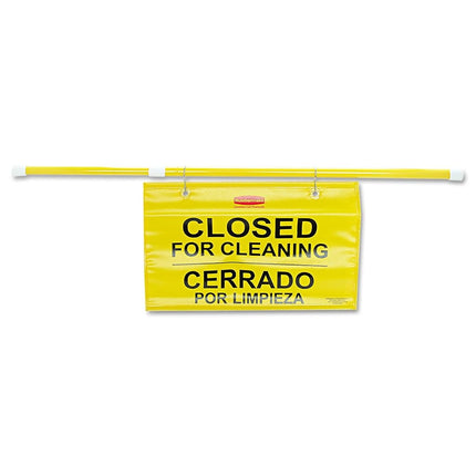 Rubbermaid Commercial Products Multilingual Hanging Doorway Safety Sign | With Extendable Pole | Up to 127 cm, Yellow