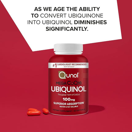 Qunol Mega Ubiquinol 100mg CoQ10, Superior Absorption, Patented Water and Fat Soluble Natural Supplement Form of Coenzyme Q10, Antioxidant for Heart Health, 100 Count Softgels.