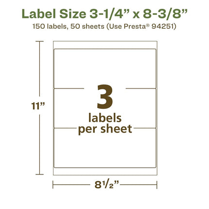 Avery EcoFriendly Matte White Recycled Rectangle Labels, 3-1/4" x 8-3/8", Matte White Labels, Permanent Label Adhesive, Laser/Inkjet, 150 Printable Labels