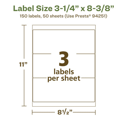 Avery EcoFriendly Matte White Recycled Rectangle Labels, 3-1/4" x 8-3/8", Matte White Labels, Permanent Label Adhesive, Laser/Inkjet, 150 Printable Labels