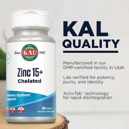 Kal 15 Mg Zinc Chelated Plus Tablets, 100 Count