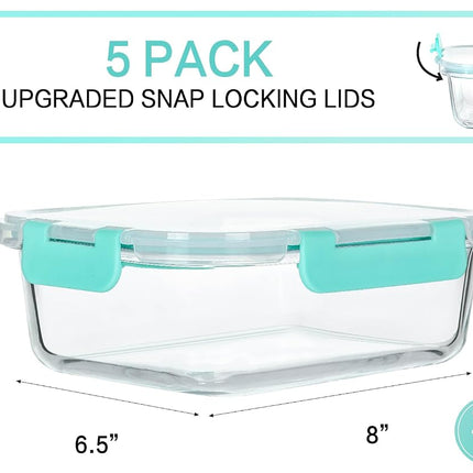 [5-Packs, 36 Oz.] Glass Meal Prep Containers with Locking Lids Glass Food Containers,Airtight Lunch Container,Microwave, Oven, Freezer and Dishwasher (4.5 Cup, Green)