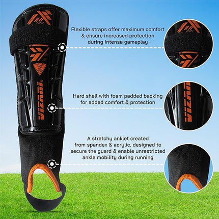 Vizari Malaga Football Shin Pads - Adults & Kids Shin Guards With Ankle Support - Non-Slip Adjustable Straps For Men and Women, Black/Orange XX - Small
