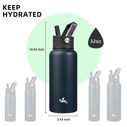 Konokyo Insulated Water Bottle with Straw,32oz 3 Lids Metal Bottles Stainless Steel Water Flask,Navy Blue