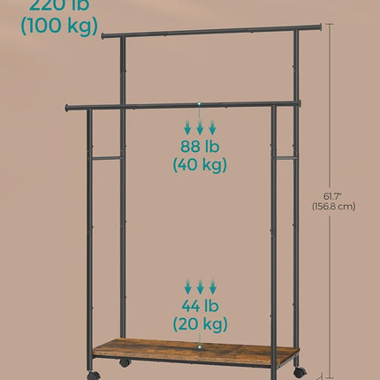 SONGMICS Clothes Rack with Wheels, Double-Rod Clothing Rack for Hanging Clothes, 38.8 Inches Garment Rack with Shelf, Loads up to 220 lb, for Bedroom, Closet, Rustic Brown and Ink Black UHSR152B01