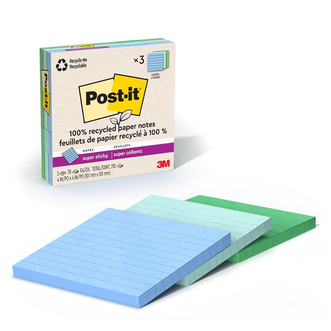 Post-it 100% Recycled Paper Super Sticky Notes, 2X The Sticking Power, 4x4 in, 3 Pads, 70 Sheets/Pad, Oasis Collection (675R-3SST)