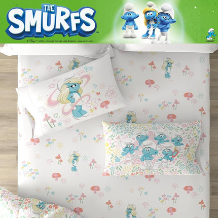 The Smurfs Smurfette Full Bedding Set – 7 Piece Kids Super Soft Microfiber Reversible Comforter & Sheet Set - Pink, (Officially Licensed Product) by Franco