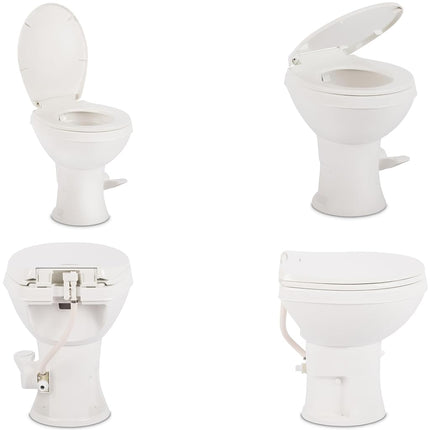 Dometic Model 400 Essential RV Toilet – Round Lightweight Plastic Bowl, Universal Fit & 2-Bolt Mount, 18" Chair Height Residential Style, Gravity Flush Toilet with Soft-Close Seat, White (9610008275)