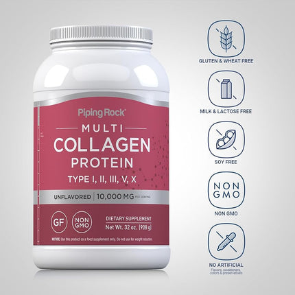 Piping Rock Multi Collagen Protein Powder 32oz | Types I, II, III, V, X | Unflavored | Gluten Free