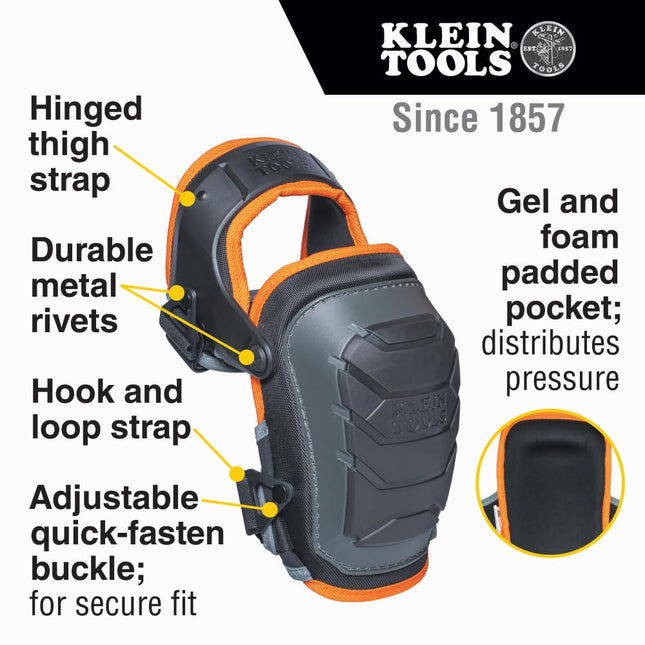 Klein Tools 60491 Hinged Knee Pads Heavy Duty Gel Foam Protectors with Quick Release Buckle and Thigh Strap - Black