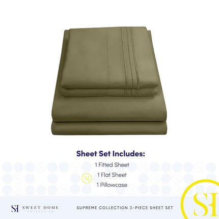 Sweet Home Collection Luxury Bedding Set with Flat, Fitted Sheet, 2 Pillow Cases, Find Double Brushed Microfiber, Olive, Twin