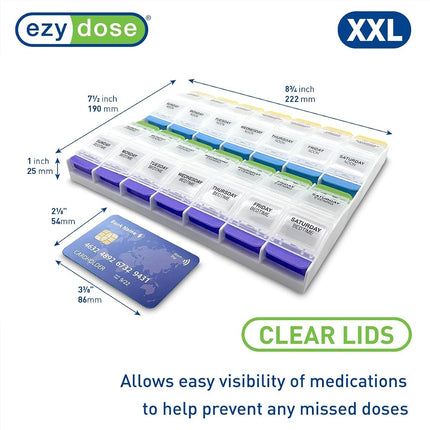 Pilulier hebdomadaire EZY DOSE (7 jours), boîte à vitamines et médicaments, compartiments à bouton-poussoir très grands (2X), 4 fois par jour, couvercles transparents