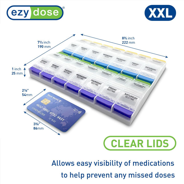 EZY DOSE Weekly (7-Day) Pill Organiser, Vitamin and Medicine Box, 2X-Large Push Button Compartments, 4 Times a Day, Clear Lids
