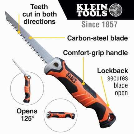 Klein Tools 31737 Folding Jab Saw/Drywall Hand Saw with Lockback at 180 and 125 Degrees and Tether Hole
