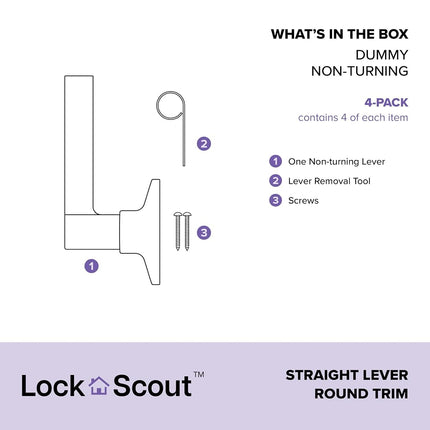Lock Scout Straight Lever with Round Trim Dummy Door Handle, Matte Black Finish, 4 Pack