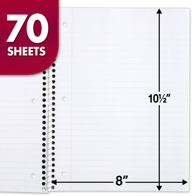 Mead Spiral Notebook, 24 Pack, 1-Subject, Wide Ruled Paper, 7-1/2" x 10-1/2", 70 Sheets per Notebook, Color Will Vary (05510)