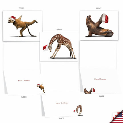Yuletide Zoo Yoga Christmas Greeting Cards, Boxed Set of 10 Holiday Animals in Yoga Poses 4 x 5.12 inch, Assorted Yogi Animal Cards with Envelopes, Zoo Creature Christmas Notes, M6547XSG