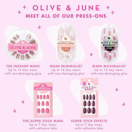 Olive & June Classic Super Stick Mani Press On Nails | Short Squoval | No Glue Needed | 32 Tab Nails in 16 Sizes | Non-Toxic Tabs Easy On-Off Non-Damaging Realest Look | 7-Day Wear | Large Snowflakes