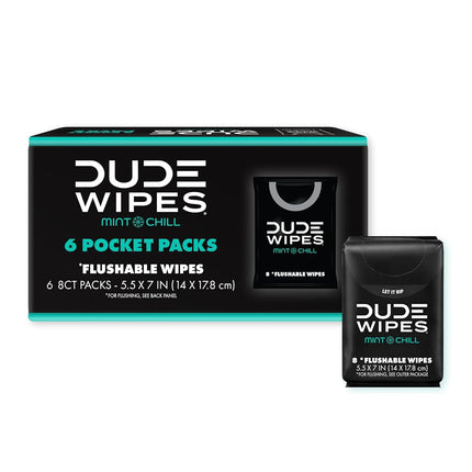 DUDE Wipes Mint Chill Pocket Packs - Travel Wipes - 12 Packs of 8 (96 Count) - On-The-Go Adult Flushable Wipes - Infused with Tea Tree Oil, Vitamin E, and Aloe - Septic and Sewer Safe