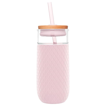 Ello Devon Glass Tumbler with Splash Proof Wooden Lid and Straw, Protective No Sweat Silicone Sleeve, Perfect for Smoothies and Iced Coffee, BPA Free, Dishwasher Safe, Pink Satin, 18oz