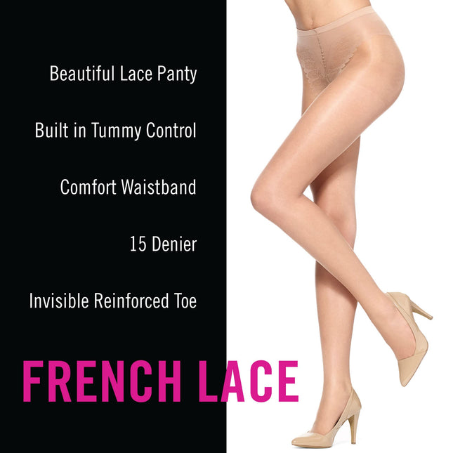 HUE Women's French Lace Control Top Sheer Tights 2 Pair Pack, Tan - 2 Pair Pack, 4