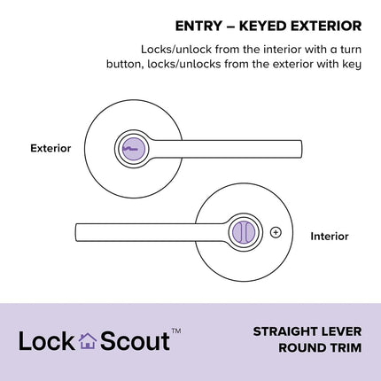 Lock Scout Straight Lever with Round Trim Keyed Entry Door Handle, Matte Black Finish, 4 Pack