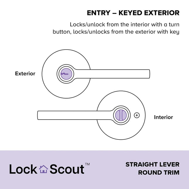 Lock Scout Straight Lever with Round Trim Keyed Entry Door Handle, Matte Black Finish, 4 Pack