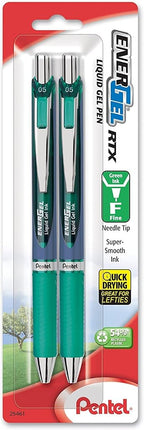 Bolígrafo de Tinta Gel Retráctil Pentel EnerGel RTX, (0.5 mm), Punta de Aguja, Punto Fino, Verde, Paquete de 2 (BLN75BP2D)
