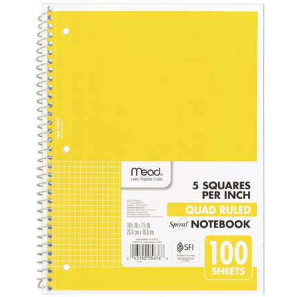 Cuaderno de espiral Mead, 1 materia, papel cuadriculado, 7-1/2" x 10-1/2", 100 hojas, amarillo (05676AZ7)