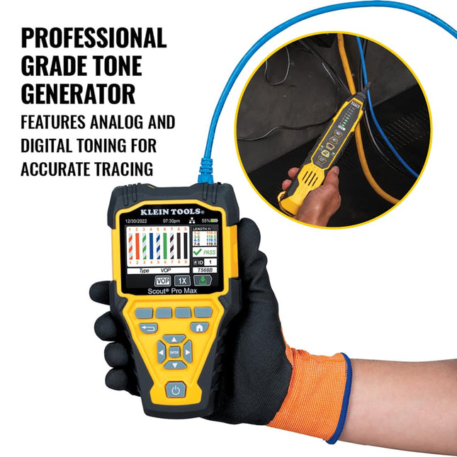 Klein Tools 80179 Scout Pro Max VDV Tester Set, Network Cable Tester with Remote and Digital Tracing Probe for Coax, Phone, and RJ Connectors
