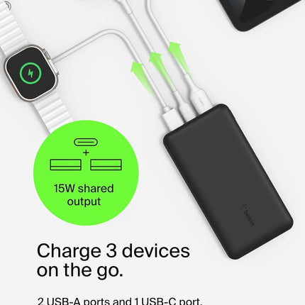 Belkin Power Bank 20K USB A and C Portable Battery Pack, 15W Black Phone Charger